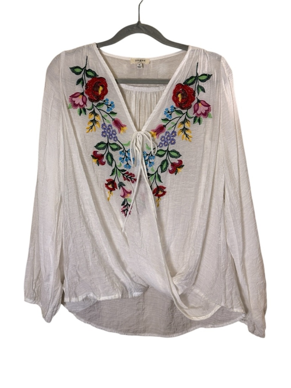 Umgee Women’s White Boho Flowy V-Neck Top with Floral Embroidery sz M